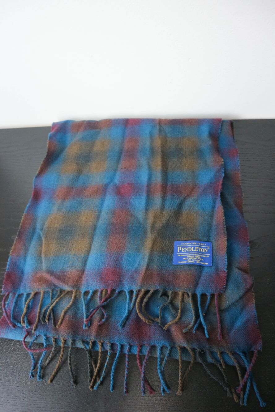 Pendleton Merino Wool Blend Fringe Scarf Plaid Blue Burgundy Brown